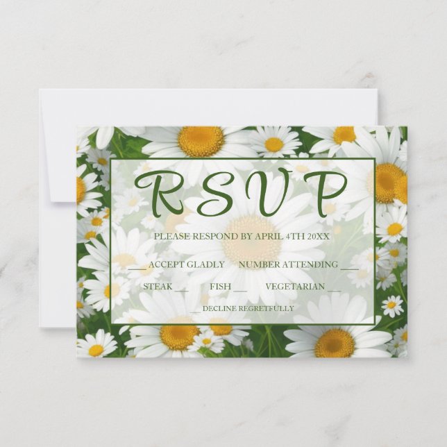 Elegant white daisies white floral fields greenery RSVP card (Front)
