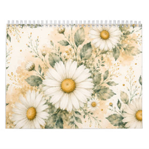 Elegant White Daisy Botanical Watercolor Calendar