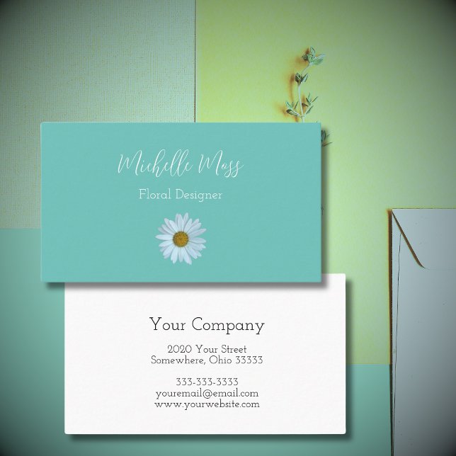 Elegant White Daisy Floral Designer Trendy Teal Business Card (Creator Uploaded)