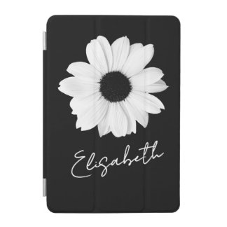 Elegant White Daisy / Flower and Name on black iPad Mini Cover