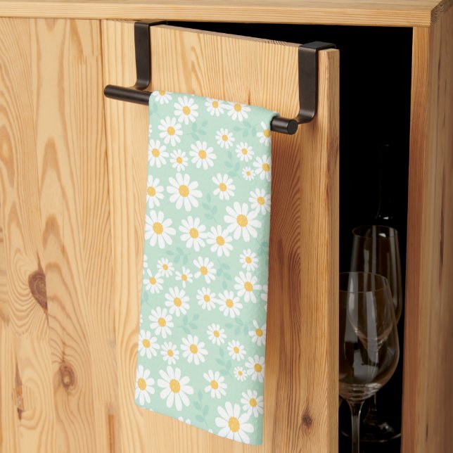 Elegant White Daisy Flowers Pastel Teal Easter Kitchen Towel (Thirds Fold)