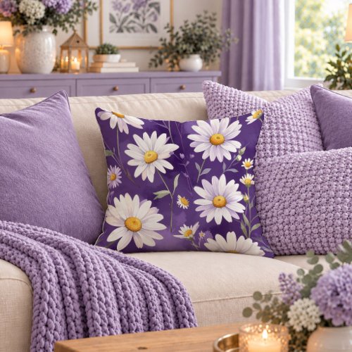 Elegant White Daisy Purple Sage Accent Pillow Art