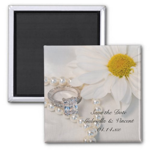 Elegant White Daisy Wedding Save the Date Magnet