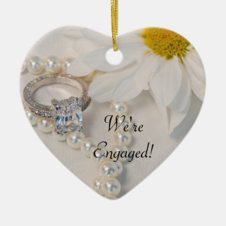 Elegant White Daisy We're Engaged Ceramic Ornament
