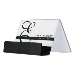 Elegant White Damask And Black Stripe Desk Business Card Holder