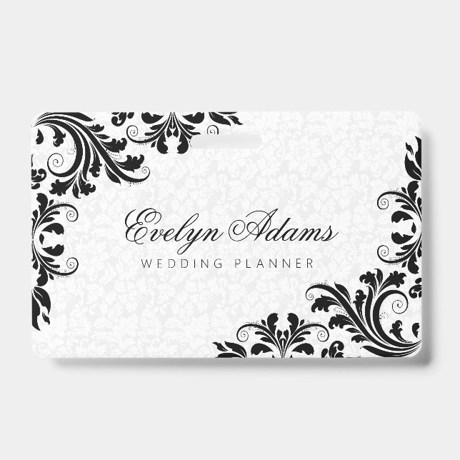 Elegant White Damask & Black Lace Badge (Front)