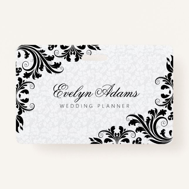 Elegant White Damask & Black Lace Badge (Back)