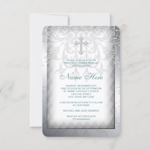 Elegant White Damask Cross First Communion Personalized Invitation