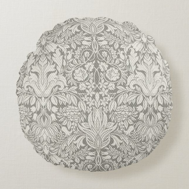 Elegant White Damask Floral Home Decor Round Pillow (Front)