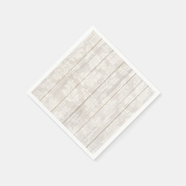 Elegant White Damask Leaf Botanical Rustic Wood Napkins (Corner)