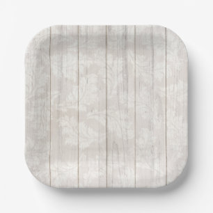 Elegant White Damask Leaf Botanical Rustic Wood Paper Plates