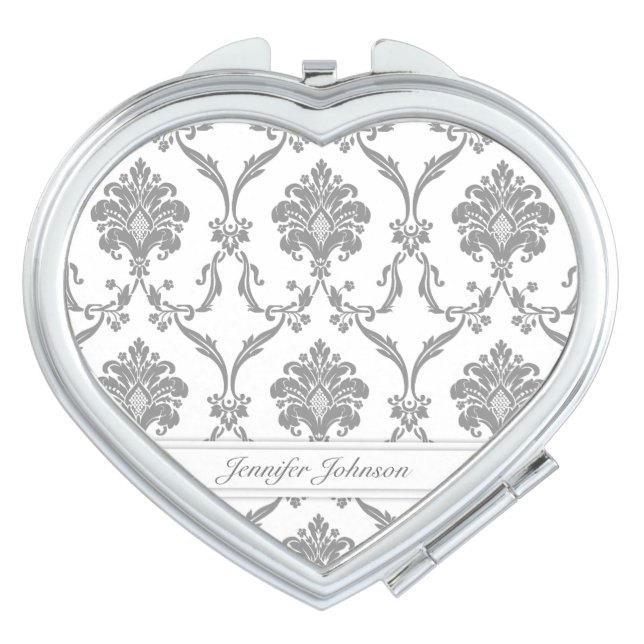 Elegant White damask Mirror with Custom Name (Front)