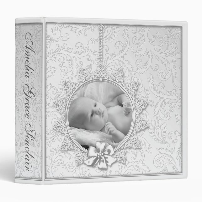 Elegant White Damask Photo Baby Album 3 Ring Binder (Front/Spine)