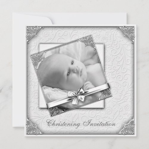 Elegant White Damask Photo Christening Personalized Announcement