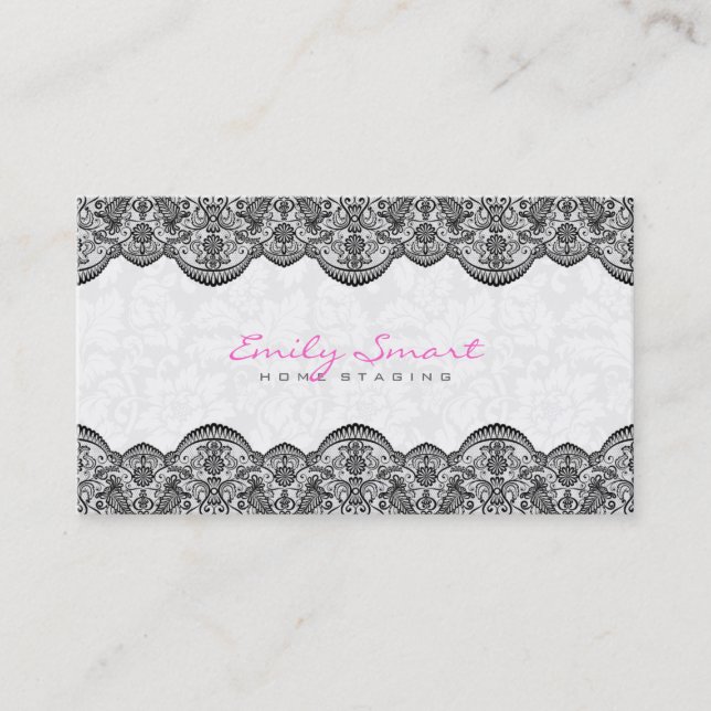 Elegant White Damasks Black Lace Business Card (Front)