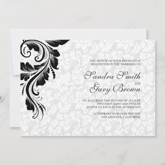 Elegant White Damasks Black Lace Wedding Invitation (Front)