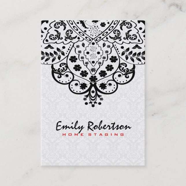 Elegant White Damasks Black Vintage Lace Business Card (Front)