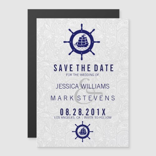 Elegant White Damasks  Blue Nautical Boat Wheel Magnetic Invitation