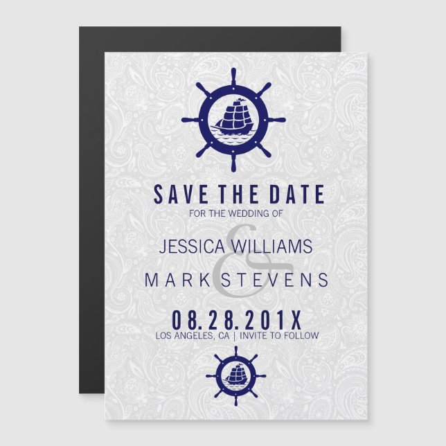 Elegant White Damasks & Blue Nautical Boat Wheel Magnetic Invitation (Front/Back)