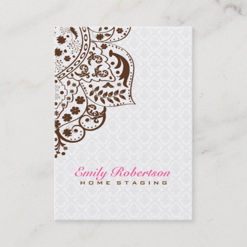 Elegant White Damasks  Brown Vintage Lace Business Card