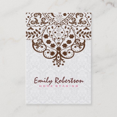 Elegant White Damasks  Brown Vintage Lace Business Card