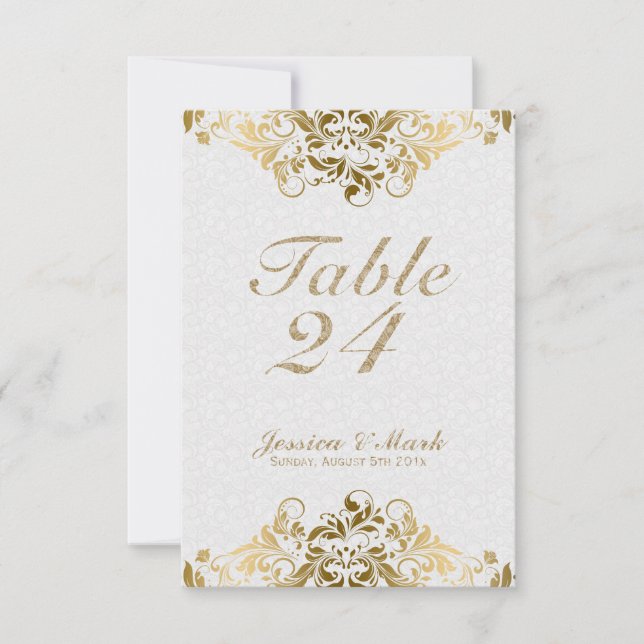 Elegant White Damasks & Gold Floral Lace Invitation (Front)