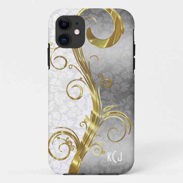 Elegant White Damasks Gold & Silver Swirls Case-Mate iPhone Case (Back)