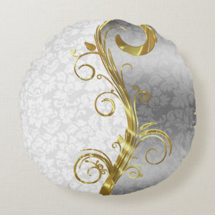 Elegant White Damasks Gold & Silver Swirls Round Pillow