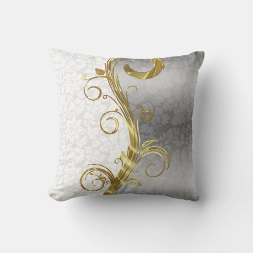 Elegant White Damasks Gold  Silver Swirls Throw Pillow