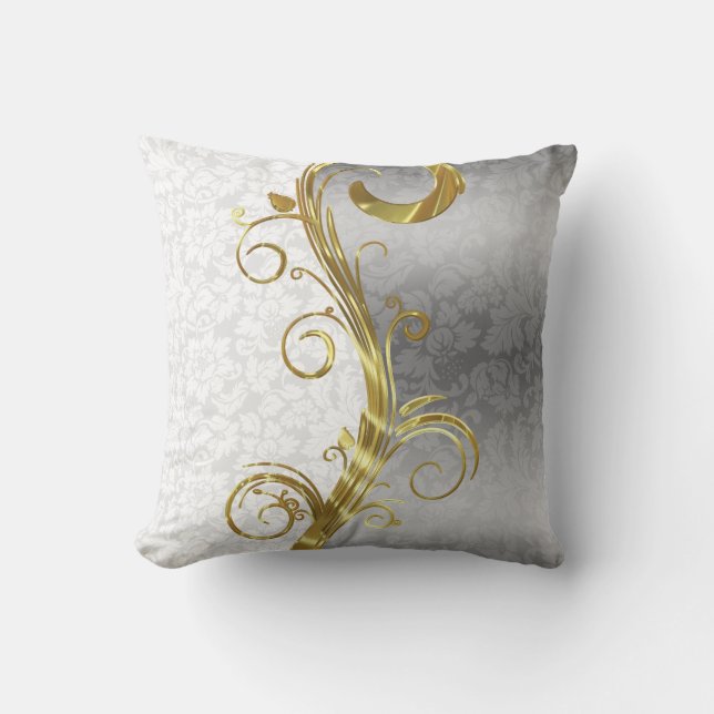 Elegant White Damasks Gold & Silver Swirls Throw Pillow (Front)
