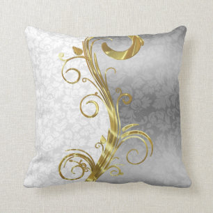 Elegant White Damasks Gold & Silver Swirls Throw Pillow