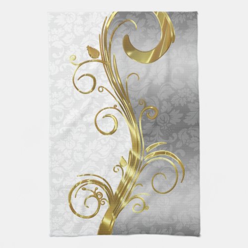 Elegant White Damasks Gold Swirls Kitchen Towel