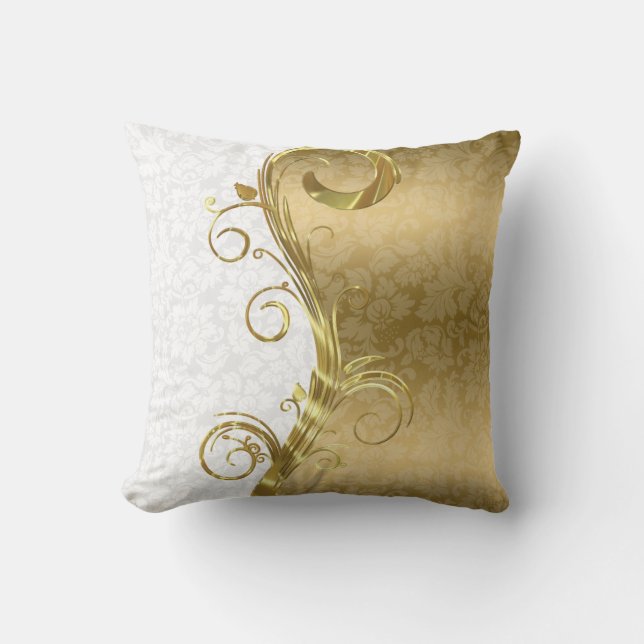 Elegant White Damasks Gold Swirls Throw Pillow (Front)