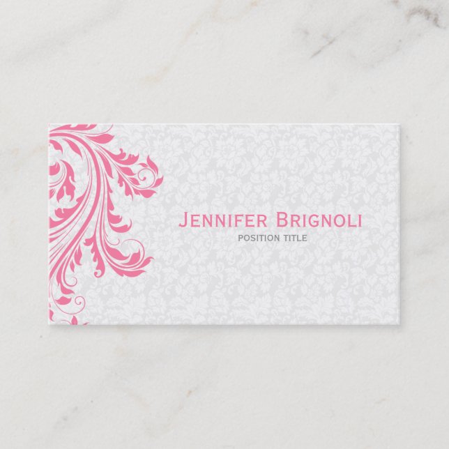 Elegant White Damasks Pink Floral Swirl Business Card (Front)