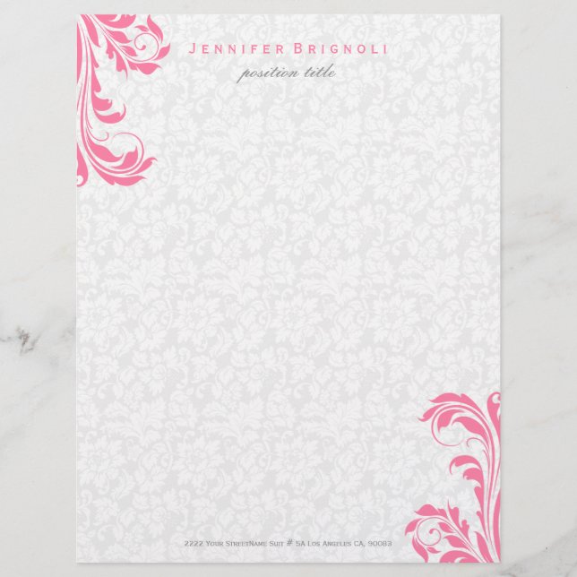 Elegant White Damasks Pink Floral Swirl Letterhead (Front)