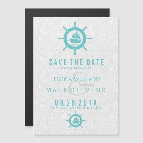 Elegant White Damasks  Teal Nautical Boat Wheel Magnetic Invitation