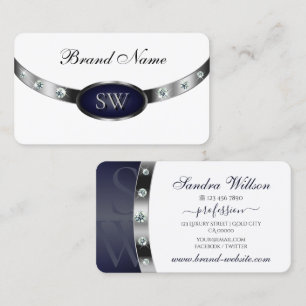 Elegant White Dark Blue and Silver with Monogram Business Card