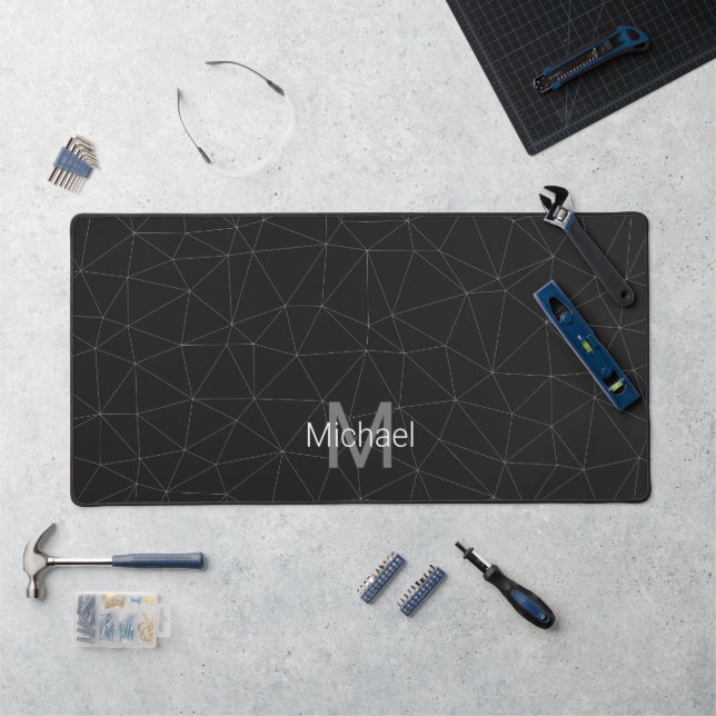 Elegant White Dark grey geometric mesh Monogram Desk Mat (Workstation)