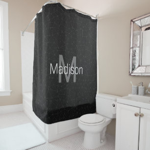 Elegant White Dark grey geometric mesh Monogram Shower Curtain