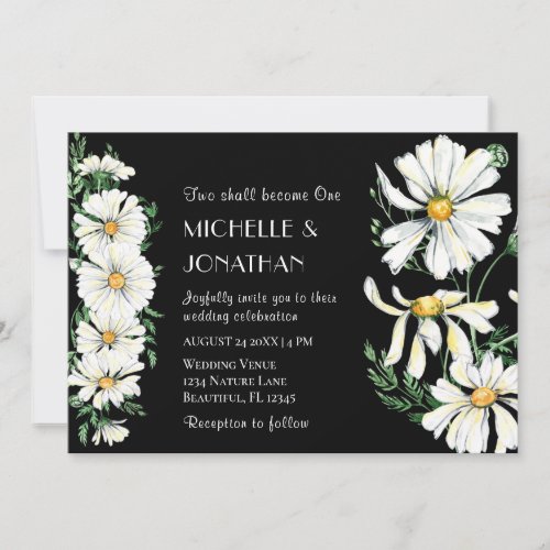 Elegant White Dasies on Black Christian Wedding Invitation