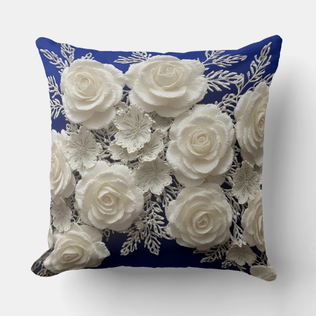 Elegant White Decorative Roses Throw Pillow (Front)