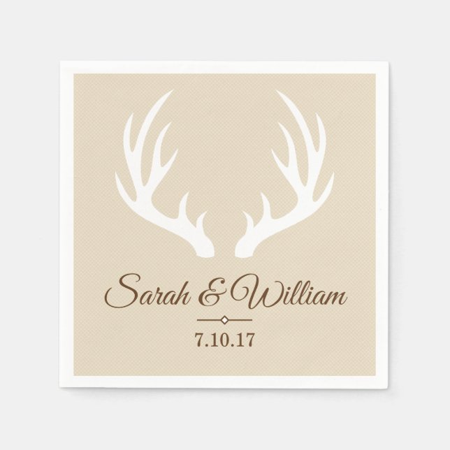 Elegant White Deer Antlers & Taupe | Personalized Napkins (Front)