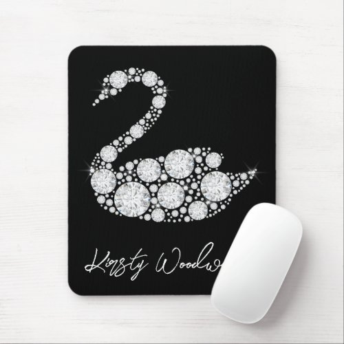 Elegant White Diamond Swan on Black Background Mouse Pad