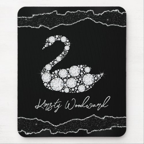 Elegant White Diamond Swan on Black Background Mouse Pad