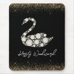 Elegant White Diamond Swan on Black Background Mouse Pad
