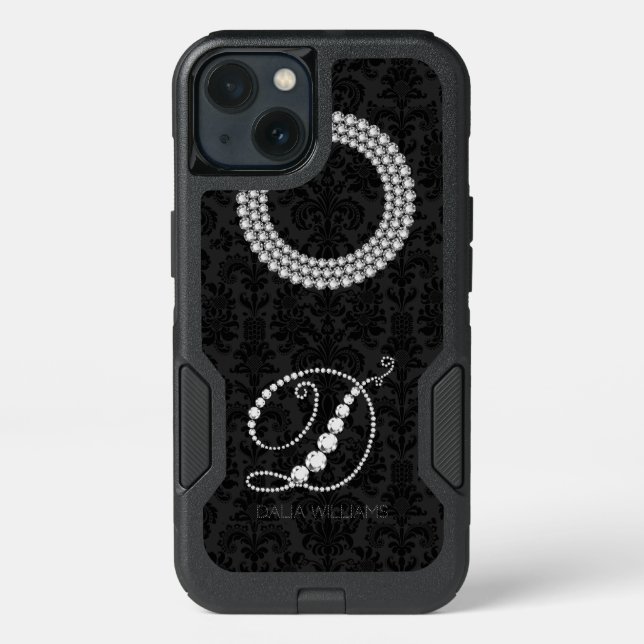 Elegant White Diamonds Print Monogram Letter D Otterbox iPhone Case (Back)
