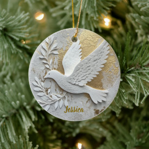 Elegant White Dove with Gold Customizable Name Ceramic Ornament