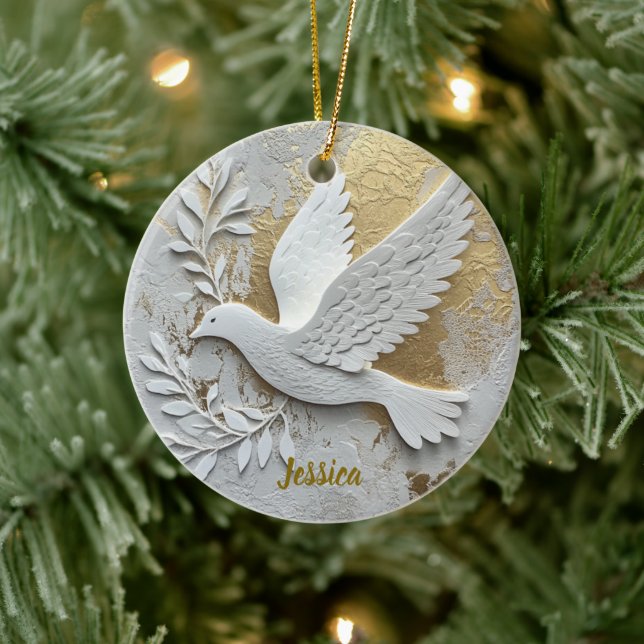 Elegant White Dove with Gold Customizable Name  Ceramic Ornament (Tree)