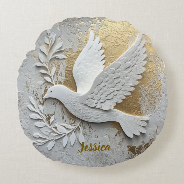 Elegant White Dove with Gold Customizable Name  Round Pillow (Front)