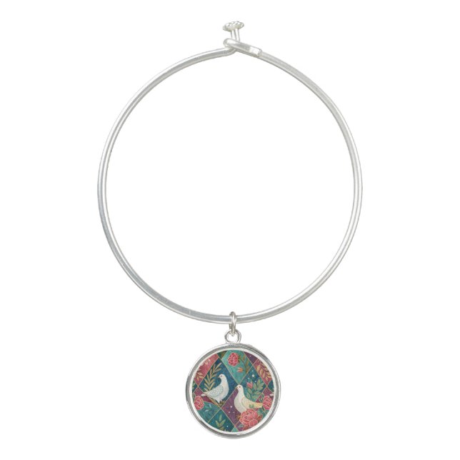 Elegant White Doves Pink Floral & Gold Geometric Bangle Bracelet (Front)